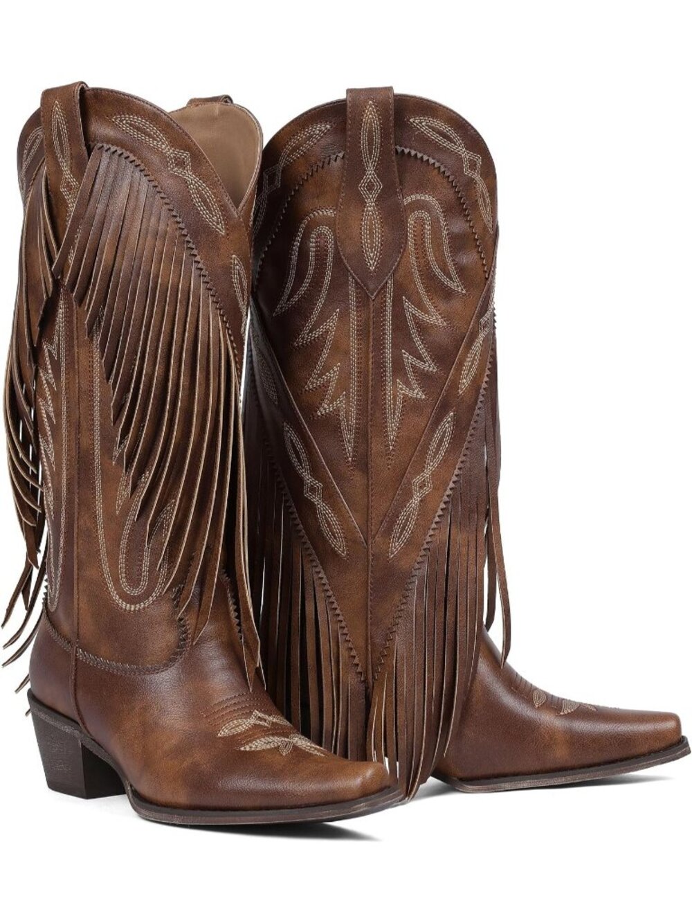 Women's Brown Fringe Knee High Cowgirl Western Boots Pointed Toe Chunky Heels